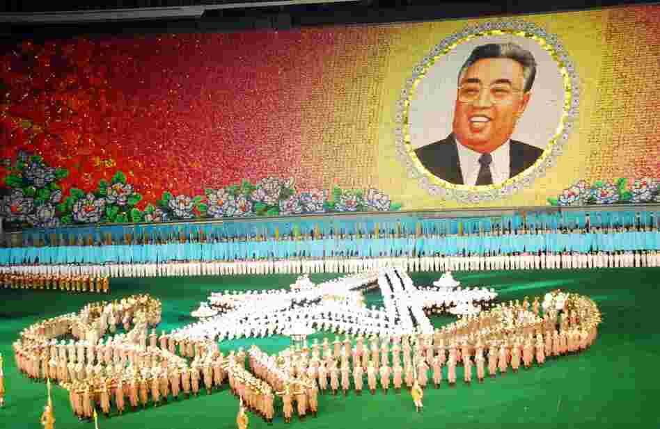 Tens of thousands of North Koreans are taking part in the months-long Arirang Mass Games — a celebration of the birth of Kim Il Sung. Here, dancers perform on a stadium field while schoolchildren in the stands behind them flip cards to create a moving backdrop. 