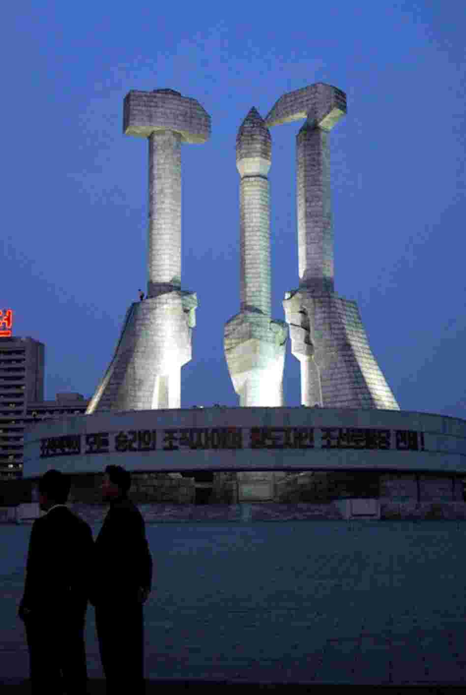 The Monument to the Korean Workers Party was built in 1995 to commemorate the founding of North Korea's only political party. The hammer symbolizes the triumph of workers, the sickle is for the peasants, and the brush for intellectuals. 