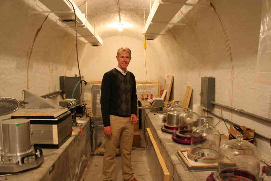 The most sensitive equipment is housed inside the deepest room of this 100-foot vault dug into the Berkeley hillside. Those bell jars on the right keep delicate instruments as still as possible. 