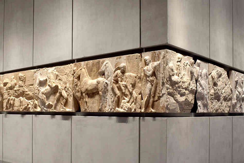 A portion of the Parthenon's frieze on display in Athens.  Other portions of the frieze are on display at the British Museum. 