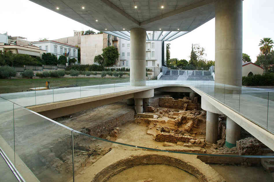 The museum was constructed as part of a campaign by the Greek government to encourage the return of the Parthenon Marbles, also known as the Elgin Marbles. The museum is built atop an archaeological excavation.  The excavation is visible through this open area near the entrance and various glass floors. 