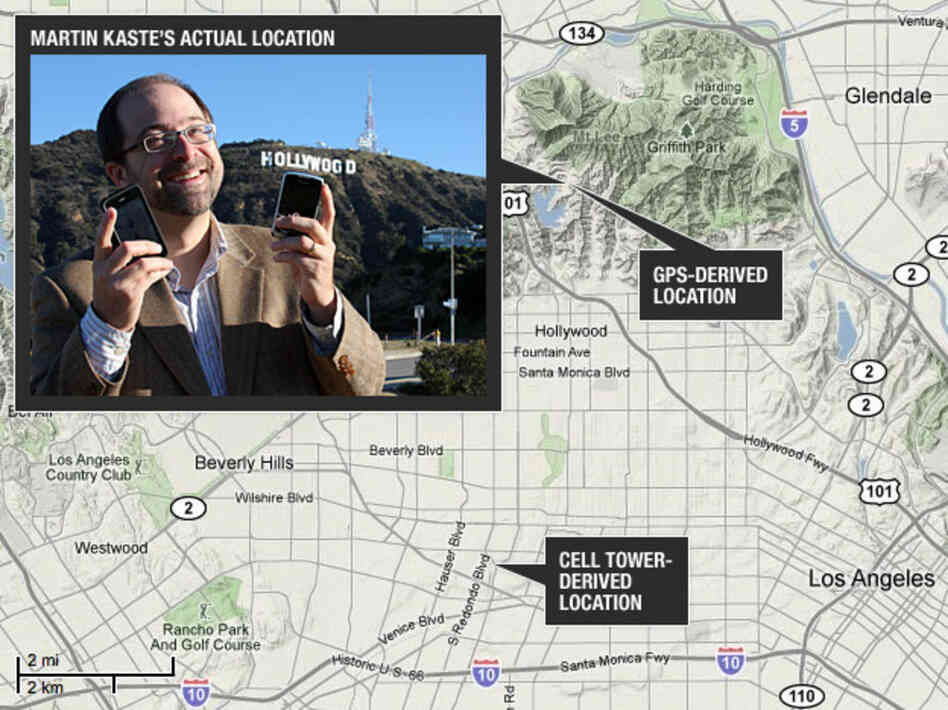 When you get out of the city grid, you really see the difference. In the hills above Hollywood, the BlackBerry struggled to connect with cell towers down below.  At one point, it connected with a tower almost five miles away — so that's where it located itself.  But as long as the iPhone could "see" the satellites in the sky, it knew exactly where it was.