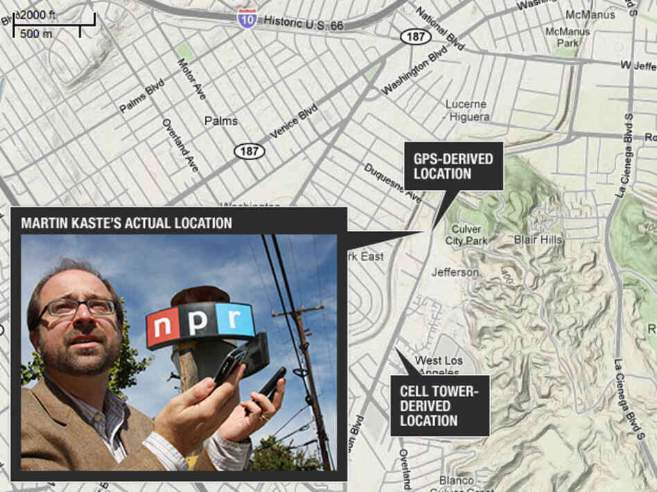 Again, the GPS-enabled iPhone phone knew it was on the doorstep of NPR West in Culver City, while the older BlackBerry thought it was down the street.  But even if GPS is turned off, newer phones are getting a better fix on their positions.  In this case, for example, a newer phone might detect the Wi-Fi signals coming out of NPR's offices.
