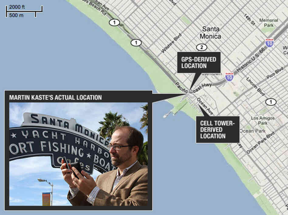 The iPhone, in Martin Kaste's left hand, has its GPS enabled, and it knows exactly where it is. The BlackBerry in his right hand is relying only on cell tower data, which means the mapping software isn't showing you where the phone is — it's showing you where the nearest tower is. In this case, just a couple of blocks away.