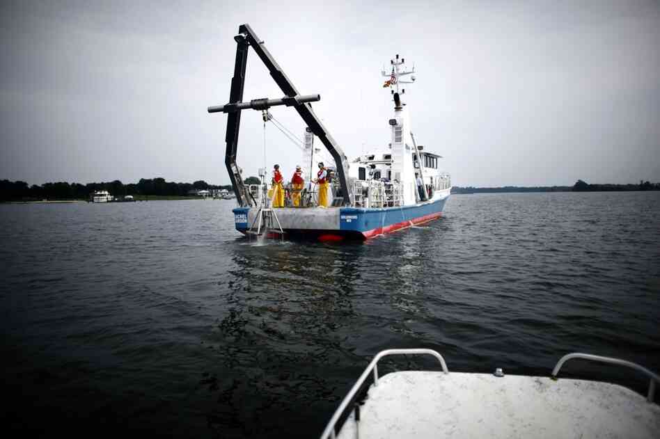 The research vessel Rachel Carson cruises up the Wye River on Maryland's Eastern Shore. The ship's crew spends days at a time collecting sediment and water samples to understand the chemistry of the Chesapeake Bay.