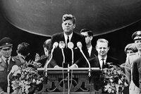 Two years after the construction of the Berlin Wall, President Kennedy delivers his famous