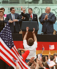 President Reagan gives a thumbs-up sign after his speech in front of the Brandenburg Gate in West Berlin. In Reagan's iconic speech on June 12, 1987, he said,