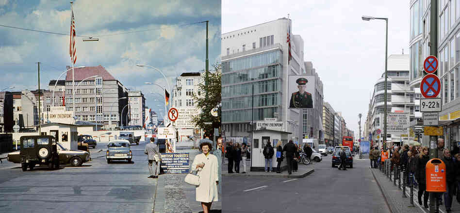 Checkpoint Charlie shown in June 1968 (left) and October 2009 (right). During the Cold War, it was the main border crossing between East and West Berlin; today the historic site is a popular shopping district and tourist attraction. 