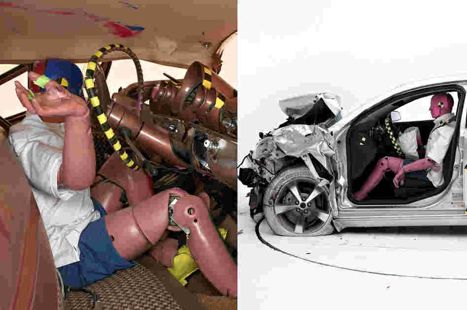 Significant improvements in vehicle safety have been made over the past half-century, in large part because of research using crash test dummies. The photos show the result of a 40-mph crash test between a 1959 Chevrolet Bel Air (left) and a 2009 Chevrolet Malibu. In the Bel Air, the steering column was forced into the face of the dummy, and paint marks where the dummy's head hit the steering w...