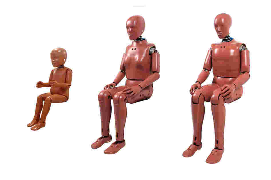 Members of the Hybrid III family of crash test dummies (from left): the 3-year-old dummy, 5th percentile female dummy and 50th percentile male dummy.  Hybrid III is the most widely used family of crash test dummies.  The 50th percentile male dummy was developed in 1976 by General Motors.  In 1997, the Hybrid III became the government standard for evaluating frontal-impact crashes. Dummies typic...