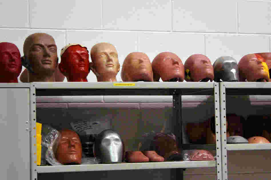 Spare parts are lined up in the IIHS research facility. Though dummies are fairly resilient to trauma, they occasionally need to be repaired or have spare parts installed. According to the IIHS, the base price for a modern dummy is $50,000 to $100,000. Instrumentation can add another $100,000 to the price tag. 