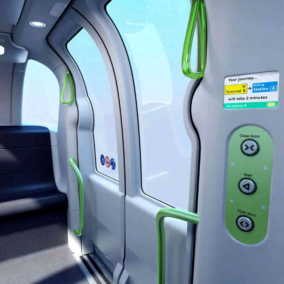 Riders can travel directly to a destination without extra stops by using the control panel, shown in this rendition of an ULTra pod car's interior. 