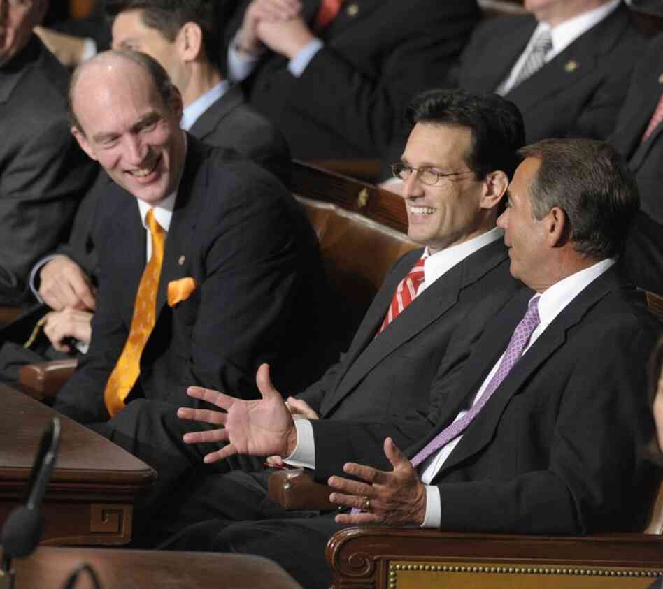 When the president said he would be open to suggestions on health reform, House Republican Leader John Boehner raised his hand. Here, Texas Republican Rep. Louie Gohmert (from left), House Minority Whip Eric Cantor of Virginia and Boehner share smiles. 