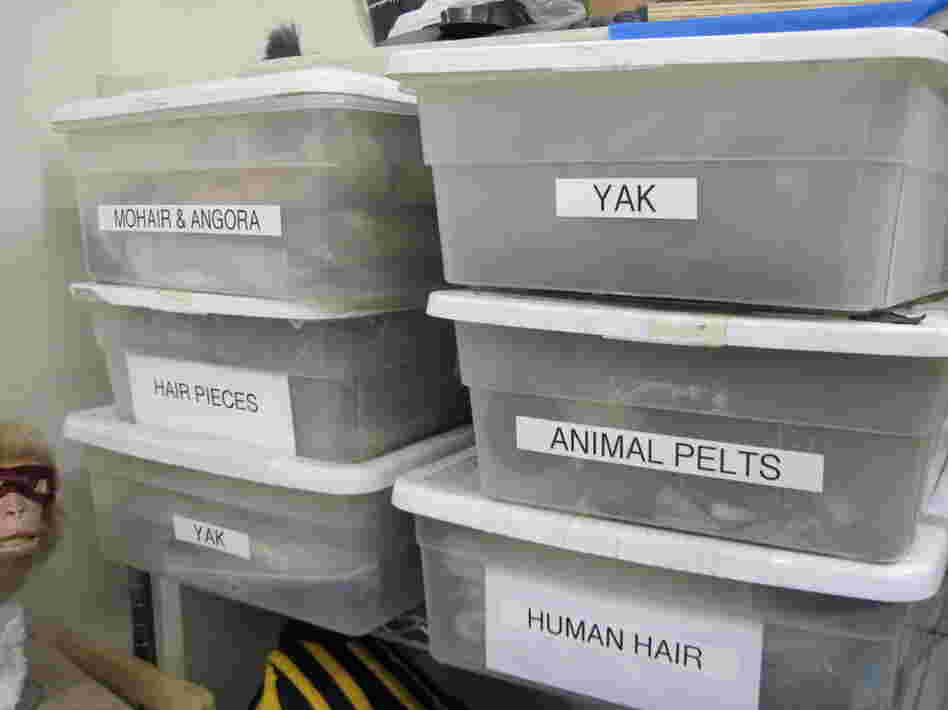 Boxes of hair for Legacy's stylists.  Yak hair is commonly used for gorillas and lions, because it is thick and spirally.