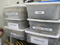 Boxes of hair for Legacy's stylists. Yak hair is commonly used for gorillas and lions, because it is thick and spirally.