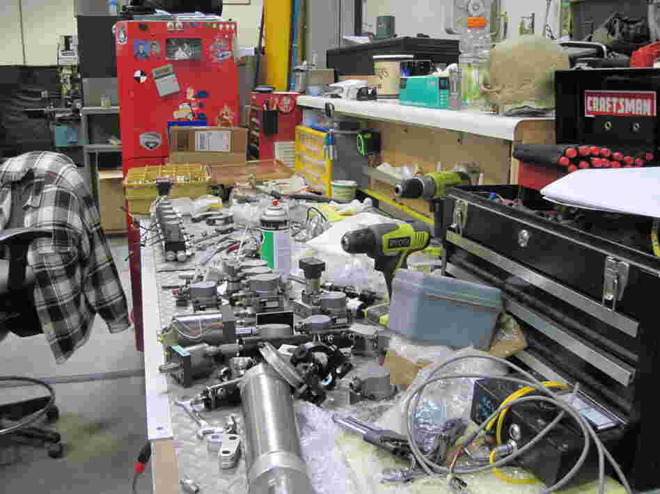 A work space in the Legacy Effects warehouse, where animatronics (mechanized moving parts) are created.