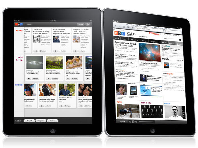 The NPR iPad app (left) and site.