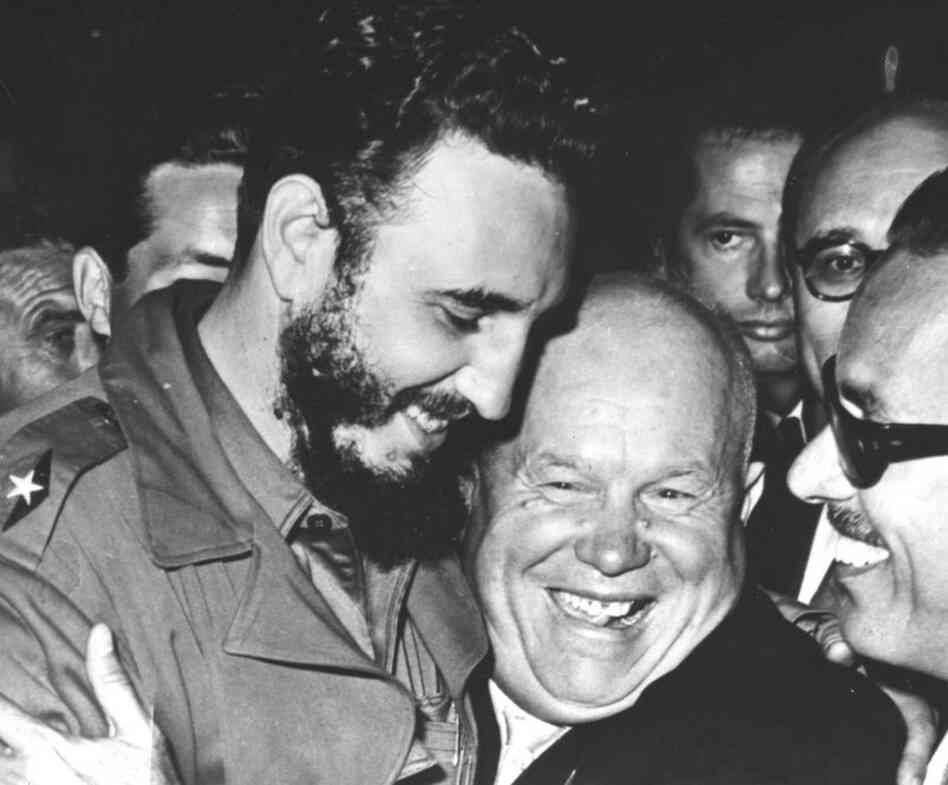 Cuban Prime Minister Fidel Castro (left) is embraced by Soviet Premier Nikita Khrushchev in the United Nations General Assembly, Sept. 20, 1960.