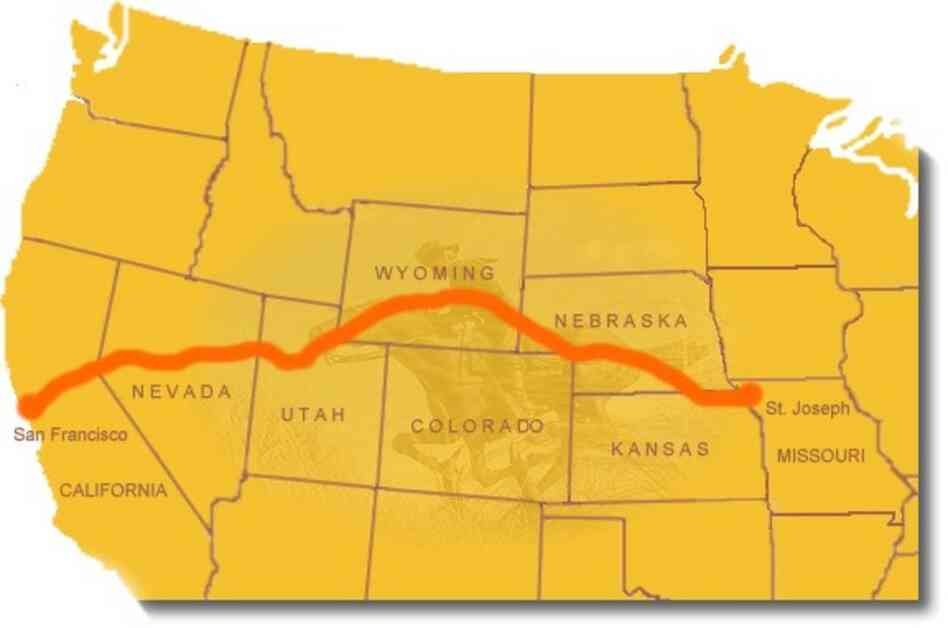 The route was 1,966 miles long — from St. Joseph, Mo., to Sacramento, Calif., on horseback and then to San Francisco by steamer. Each rider would cover a 75- to 100-mile stretch and change horses about every 10 miles. Along the route, 400 to 500 horses were used. 