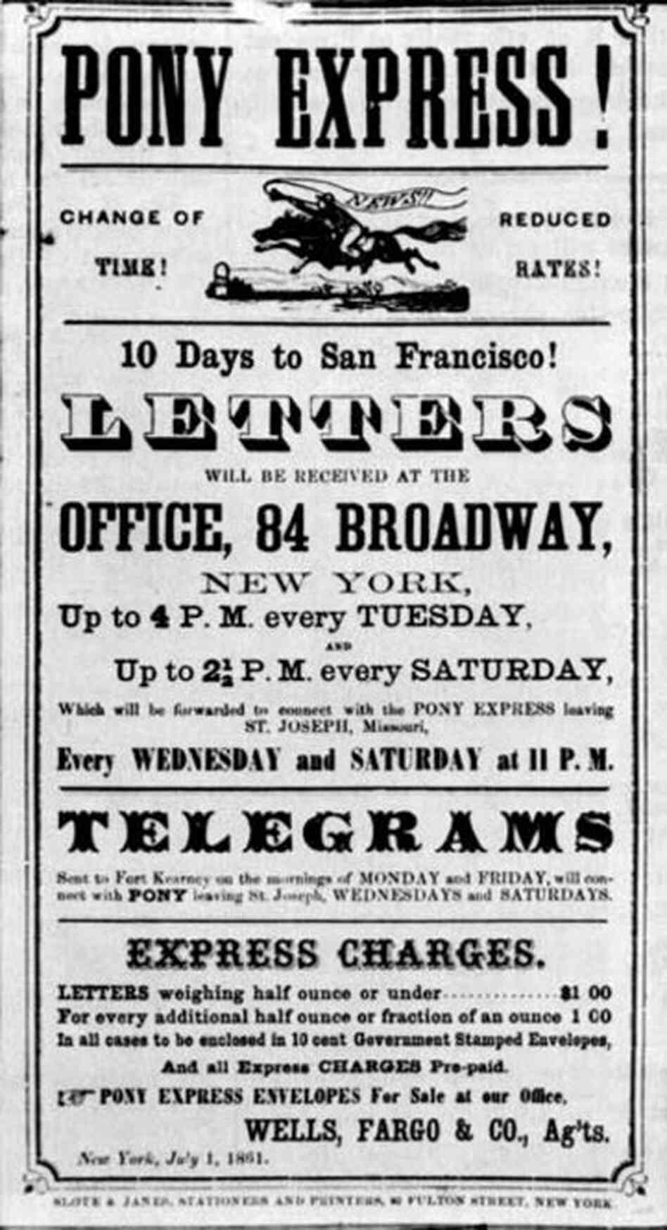 The Express, operated by the Central Overland California and Pike's Peak Express Co., sent its first riders from St. Joseph, Mo., and San Francisco on April 3, 1860. The first Missouri-San Francisco trip took 11 days and 75 ponies. 