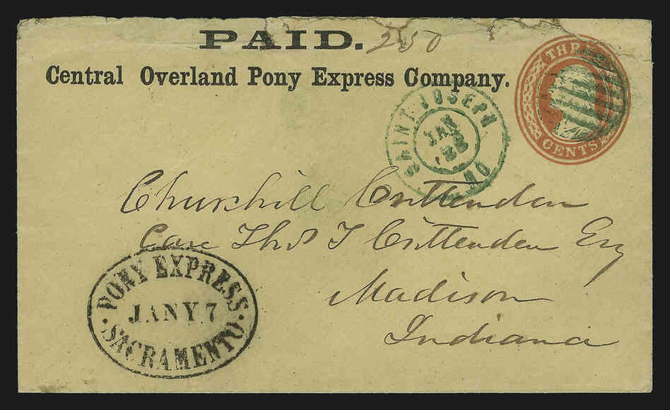 A postmarked envelope from the Central Overland Pony Express Company from January 1861. The original cost to send a letter via the Pony Express was $5 in gold per ounce of mail. Prices later dropped, and a 10-page letter could be sent for about $2.50. 
