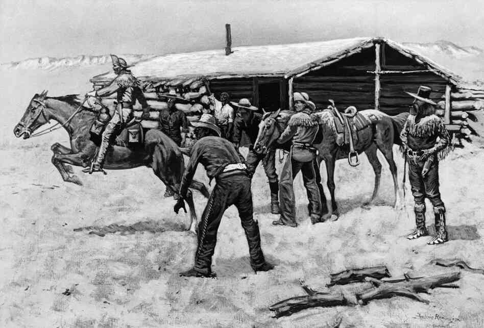 A photo of a Frederic Remington painting, entitled "The Coming and Going of the Pony Express," which depicts the mail relay at a Pony Express station. It is thought that riders were paid anywhere from $50 to $150 a month. 
