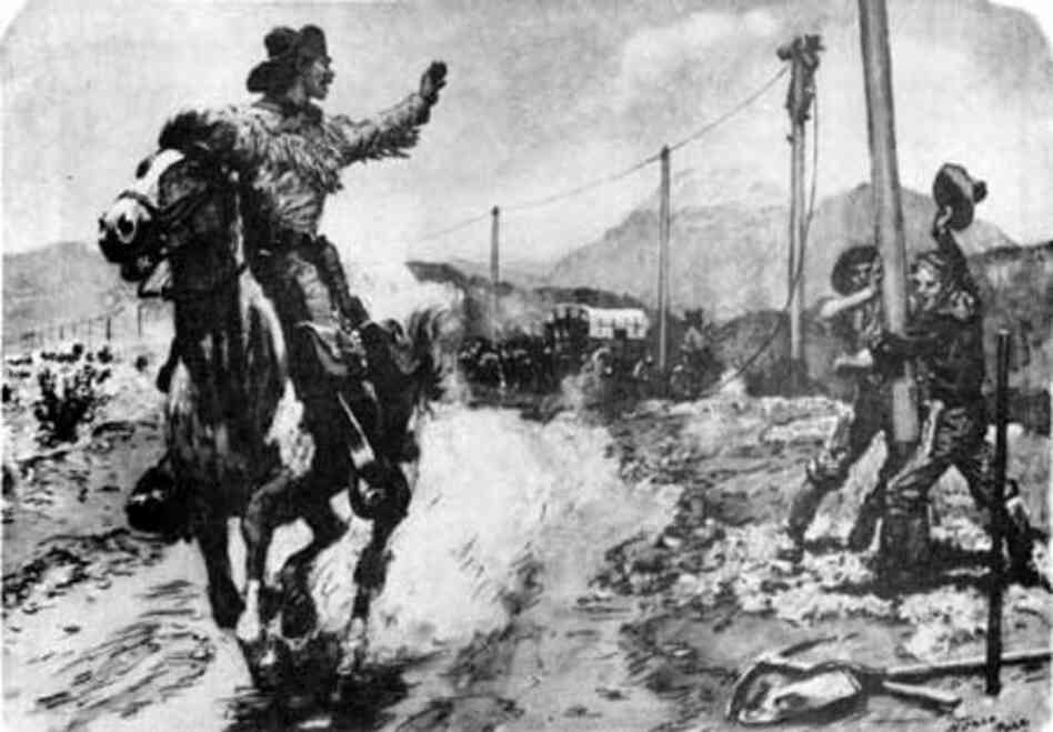On Oct. 26, 1861, the Pony Express was officially discontinued after a little less than 19 months of operation. Having survived poor business decisions, inclement weather and skirmishes with American Indians, the Express met its downfall with the advent of the telegraph, as depicted in this painting. 
