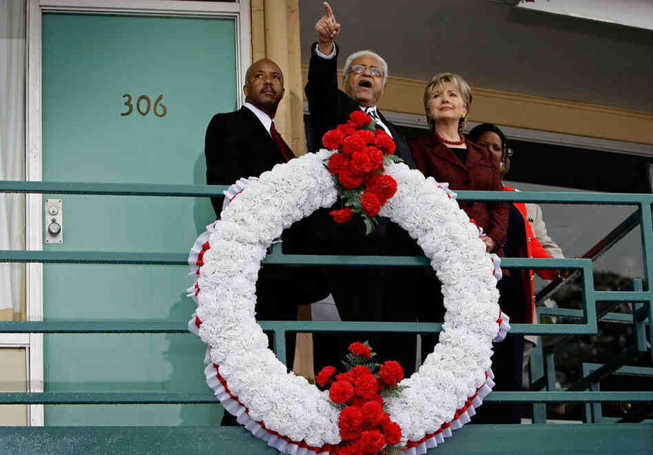 Hillary Clinton, then a senator and Democratic presidential candidate, stands with Hooks (center) and Charles Taylor outside room 306 of the Lorraine Hotel, where Martin Luther King Jr. was assassinated, on April 4, 2008, in Memphis, Tenn. 