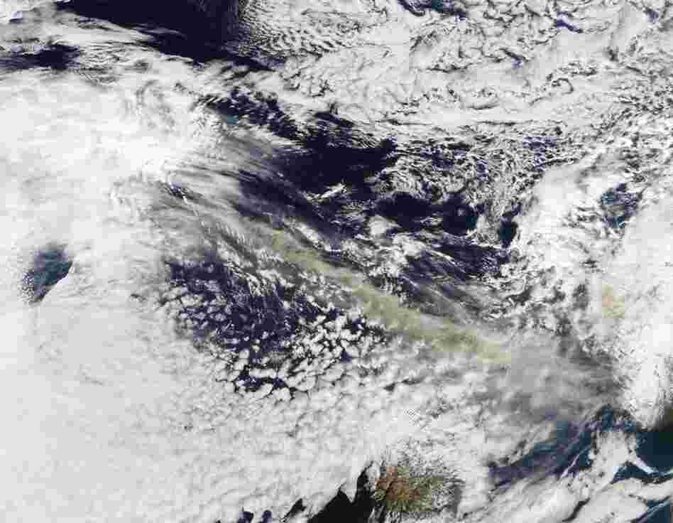 The MODIS instrument on NASA's Terra satellite captured an ash plume from Eyjafjallajokull volcano over the North Atlantic on April 15. 