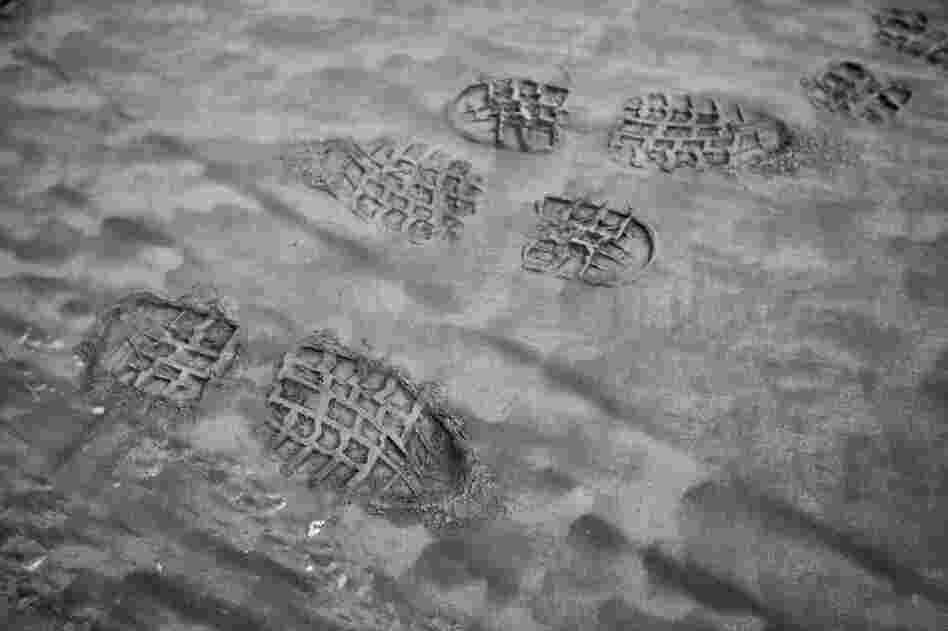 Footprints in volcanic ash in eastern Iceland, left by scientists who collected samples to send to labs. 