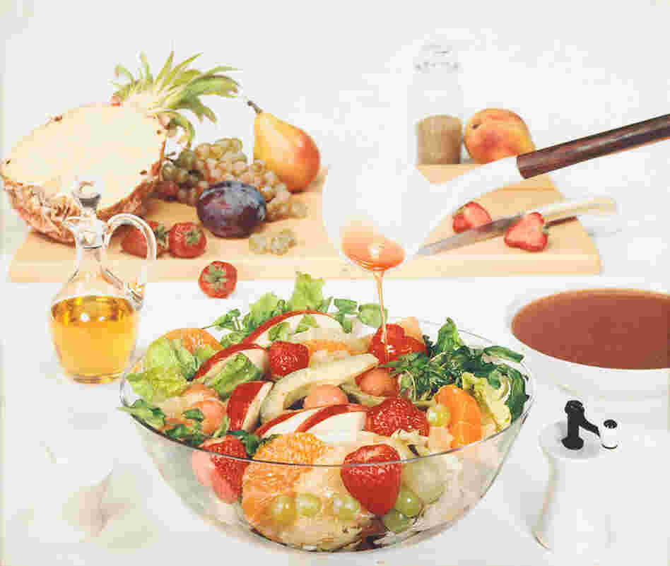 Fruit salad, photograph for use in a Mazola advertisement, circa 1940s