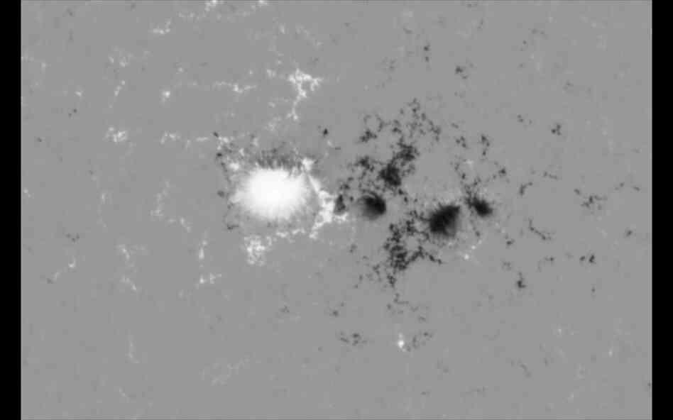 On March 29 the new telescope captured this image of a sunspot, a dark patch caused by magnetic activity on the surface of the sun. NASA reports that the white and black colors indicate opposite magnetic polarities and that the main white area is approximately the size of Earth. 