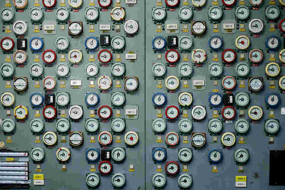 "A wall of dials in the a Chernobyl control room once monitored the reactors ... Most estimates say ninety-five percent of the radioactive materials remained on the grounds of the power plant or spread to the adjacent forest. Both were decontaminated, using the labor of about 850,000 liquidators from across the Soviet Union."