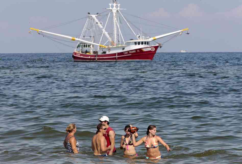 A shrimp boat skims oil from the surface of the water just off Orange Beach, Ala., as a family enjoys the surf. Oily tar balls have started washing up on Orange Beach and beaches in the western Florida panhandle. 