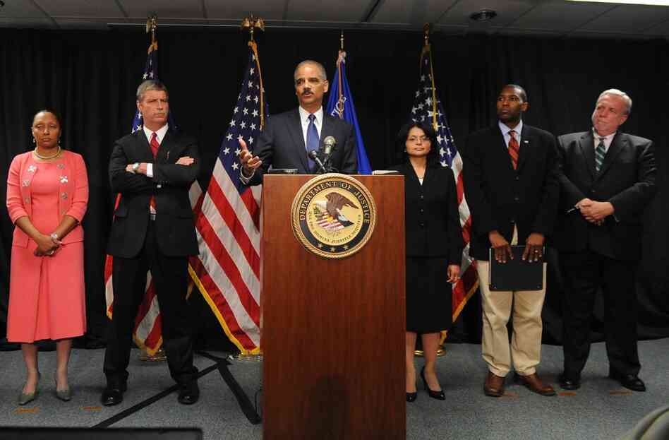 U.S. Attorney General Eric Holder announces that the Justice Department has launched a criminal investigation into the BP oil spill. With him, from left: Stephanie Finley and Jim Letten, U.S. attorneys for the Western District of Louisiana; Ignacia Moreno, assistant attorney general for the Environment and Natural Resources Division; Tony West, assistant attorney general, Civil Division; and Do...