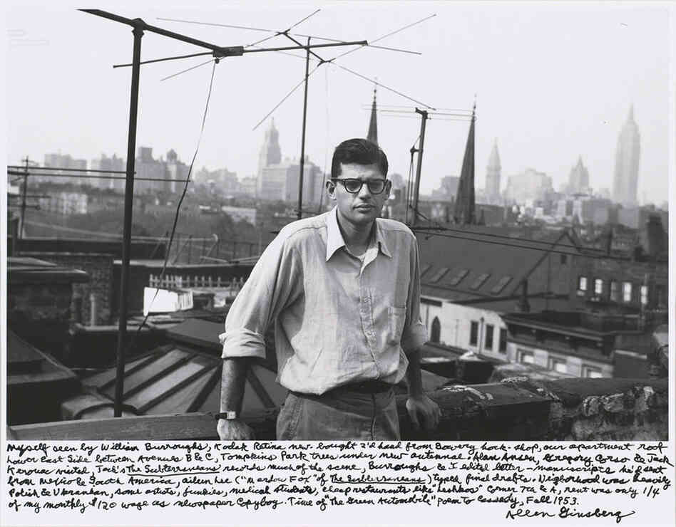 "Myself seen by William Burroughs, Kodak Retina new-bought 2'd hand from Bowery hock-shop, our apartment roof Lower East Side between Avenues B & C, Tompkins Park trees under new antennae. ... Fall 1953."