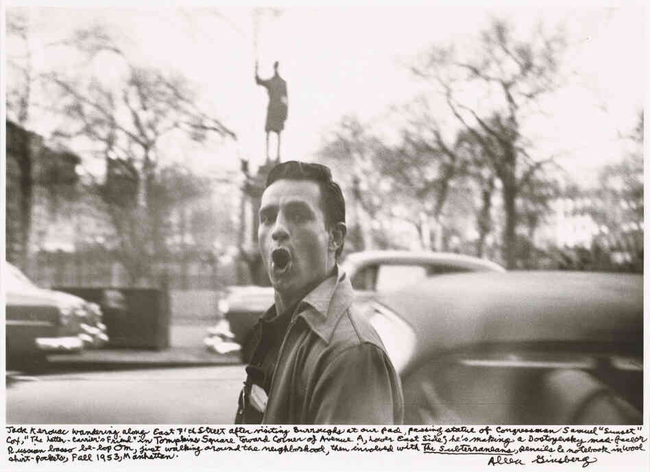 "Jack Kerouac wandering along east 7th Street after visiting Burroughs at our pad ... he's making a Dostoyevsky mad-face or Russian basso be-bop Om ... Fall 1953, Manhattan."