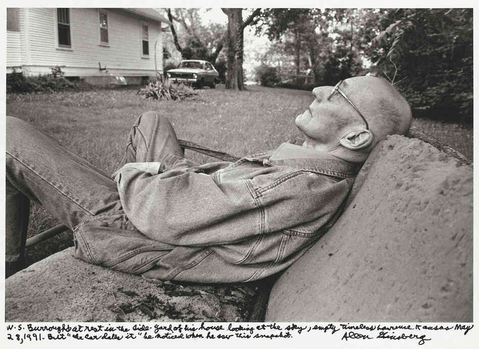 "W. S. Burroughs at rest in the side-yard of his house looking at the sky, empty timeless Lawrence Kansas May 28, 1991. But "the car dates it" he noted when he saw this snapshot." 1991