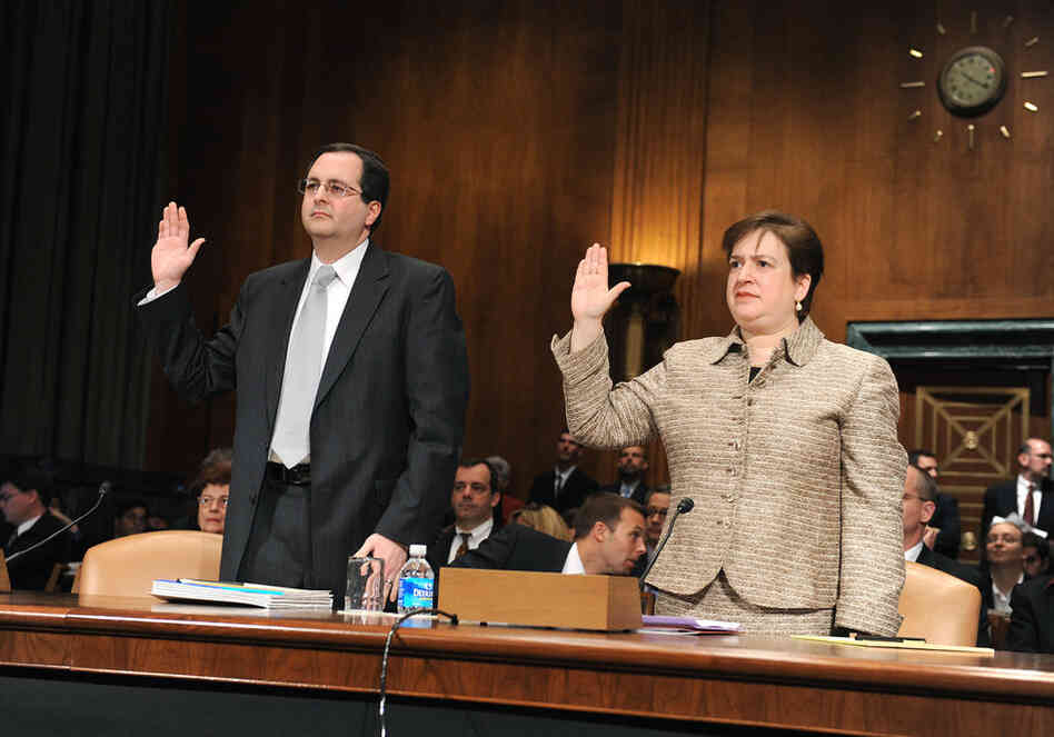 Kagan, then President Obama's nominee to be solicitor general, is sworn in prior to her confirmation hearing before the Senate Judiciary Committee on Feb. 10, 2009, along with Thomas Perrelli, nominated for the post of associate attorney general.  