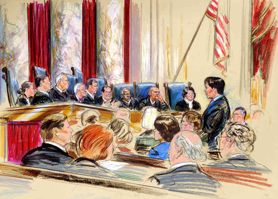 This artist rendering shows Kagan (right) arguing a campaign finance reform case before the Supreme Court on Sept. 9, 2009. Before becoming solicitor general, Kagan had never argued before the Supreme Court. 
