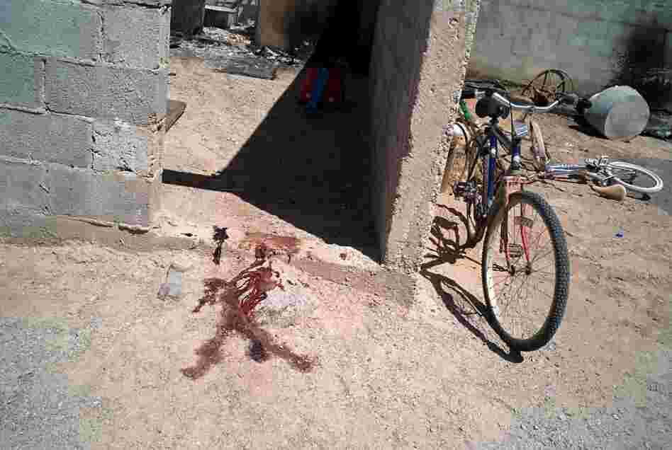 Blood stains from the site where a man was murdered in the border town of La Esperanza in Juarez Valley. 