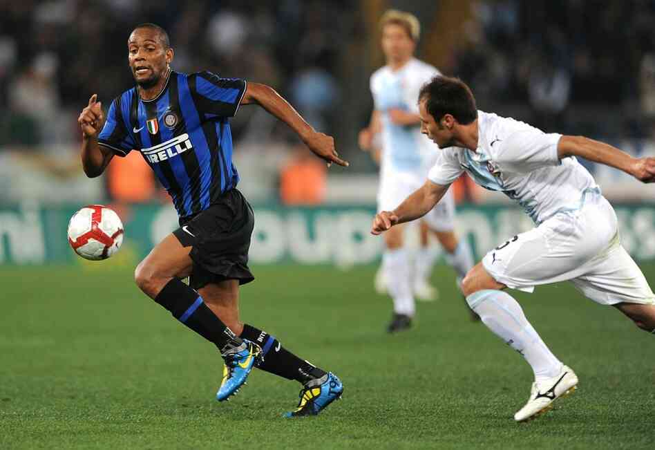 Defender Douglas Maicon Sisenando (left) will represent Brazil in his first World Cup appearance. Here, Maicon is seen in a recent game, playing for Inter Milan. 