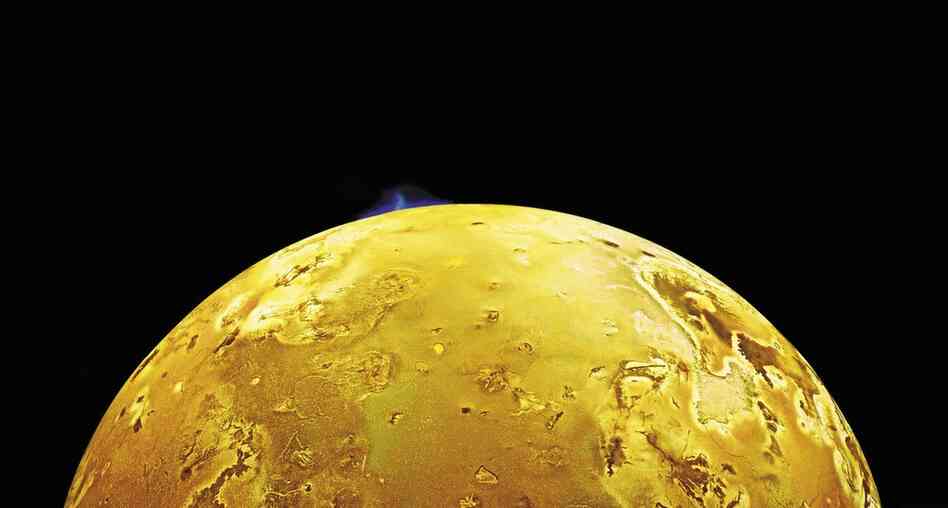 Erupting Into Space An 86-mile-high volcanic plume explodes above the horizon of Jupiter's moon Io. The plume is erupting over a caldera (volcanic depression), named Pillan Patera, after a South American god of thunder, fire and volcanoes. Galileo, June 28, 1997.