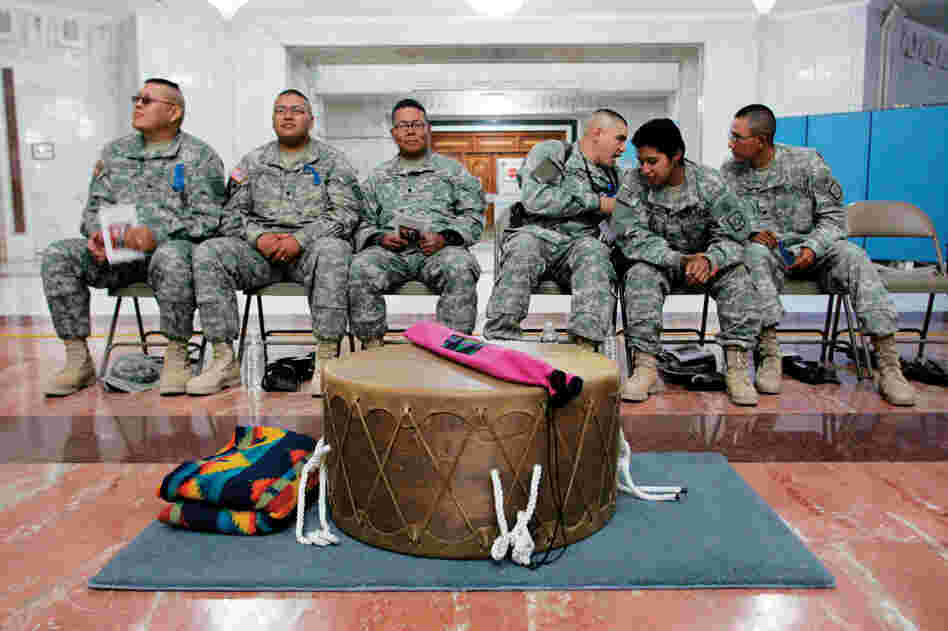 Soldiers take part in the Native American Appreciation Month celebration at Al Faw Palace in Camp Victory, Iraq on Nov. 7, 2007.