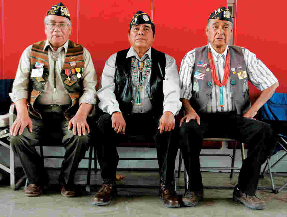 An honor guard consisting of members from Santa Domingo Pueblo wait to present colors at Lt. Ayon's warrior dance in 2008.