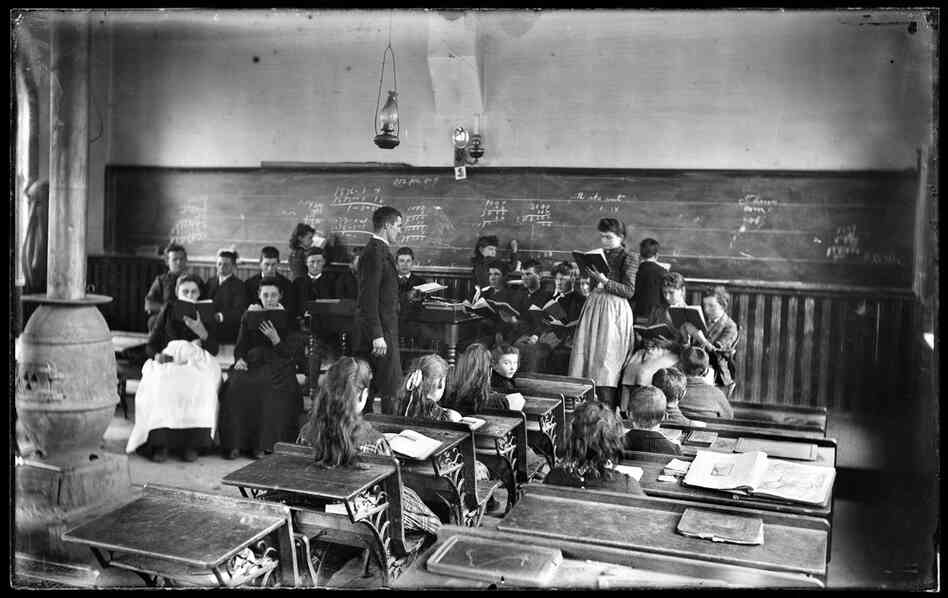Schoolhouse interior, possibly Mount Pleasant, Ohio, early 20th century, Walter J. Hussey
