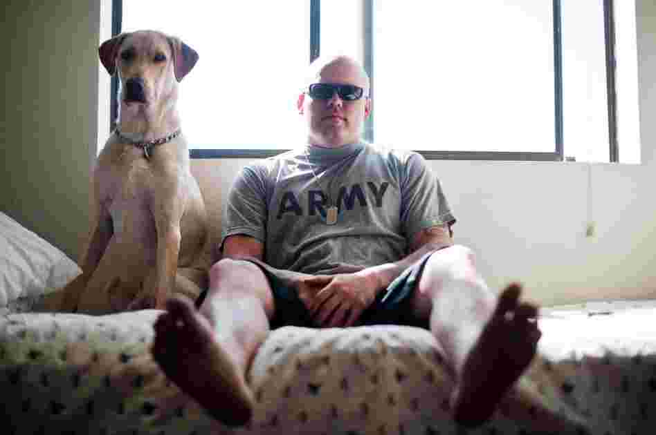 Sgt. Brandon Sanford was a dog handler who was in two roadside blasts in Iraq. After two years of seizures, headaches and a loss of memory, he is now an inpatient at Mentis. He spends eight hours a day doing rehabilitaion exercises. He is seen here with his service dog, Harley. 