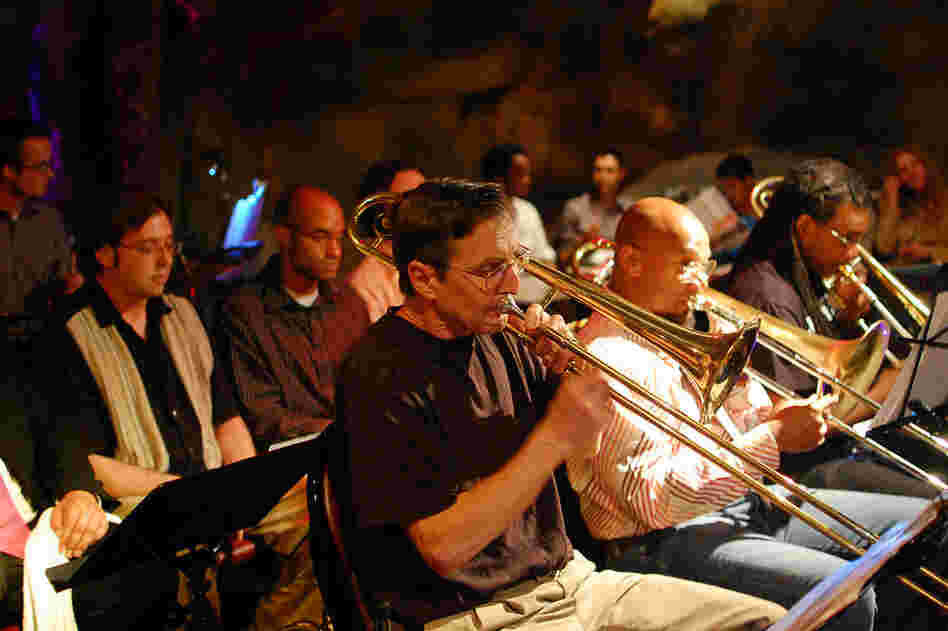 The trombone section (L-R): Steve Shaw, Greg Boyer and DuPor Georges. Trumpeters Mark Chuvala and Leo Maxey are visible behind them.