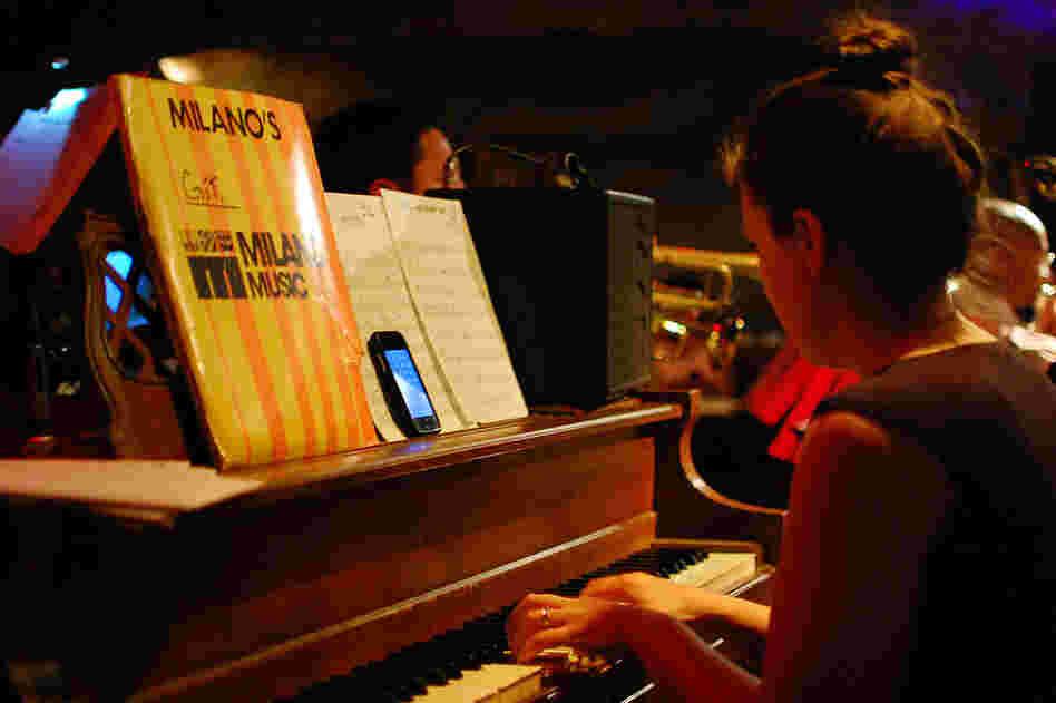 Pianist Amy Bormet called up the changes to "Here's That Rainy Day" on her iPhone.