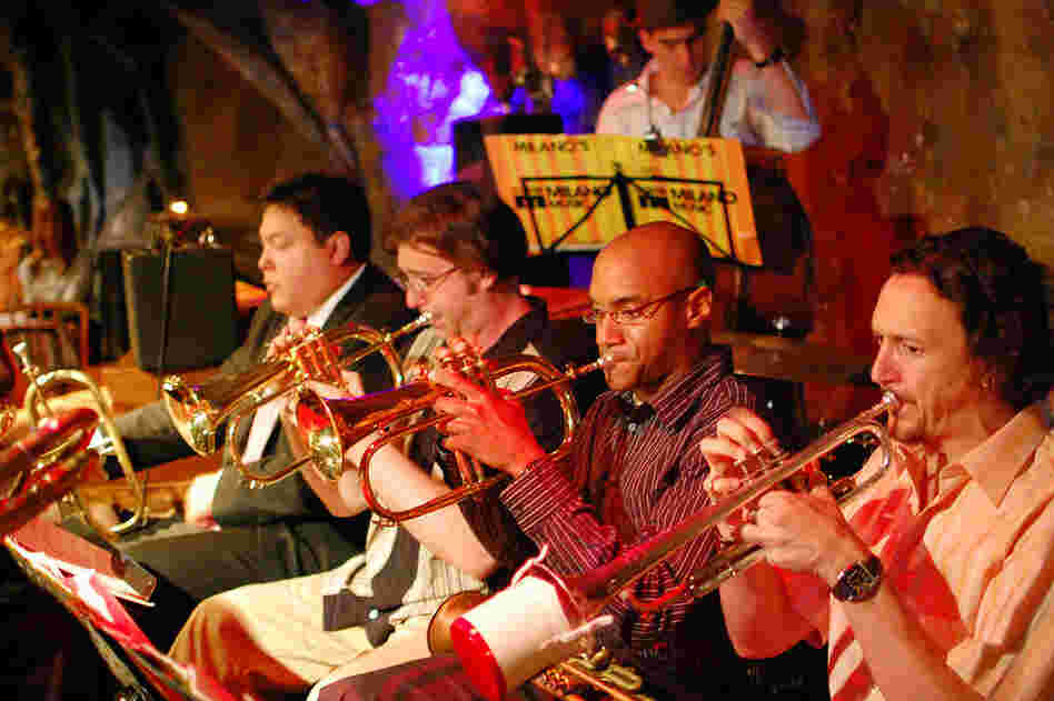 The trumpet section (L-R): Joe Herrera, Mark Chuvala, Leo Maxey, Brad Clements. Oliver Albertini plays bass.